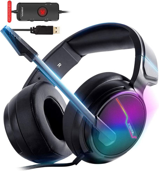 XIBERIA-V20 USB PS4 Headset for Host Connection, 7.1 Surround Sound PC Gaming Headset with 1.95 Meter Cable and Noise Cancelling Mic Headphones for Laptops, Computer, Mac and MacBook with RGB Light
