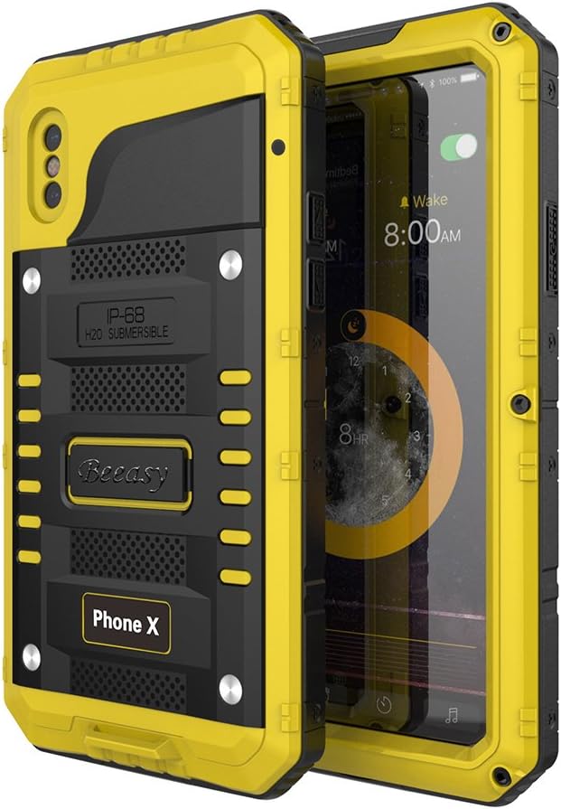 Case for iPhone X/XS Heavy Duty with Screen Full Body Protective Waterproof, Impact Strong, Shockproof Dust Proof Tough Cover for iPhone 10 Metal Military Defender for Outdoor Black &amp; Yellow