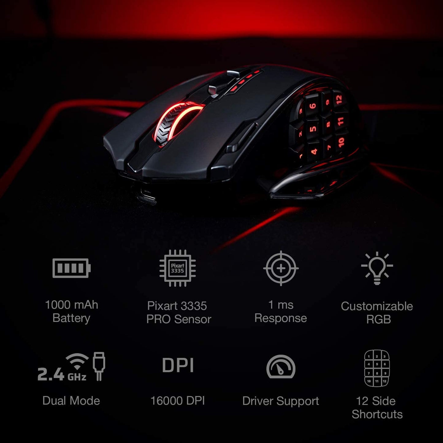 Redragon M913 Impact Elite Wireless Gaming Mouse, 16000 DPI Wired/Wireless RGB Gamer Mouse with 16 Programmable Buttons, 45 Hr Battery and Pro Optical Sensor, 12 Side Buttons MMO Mouse