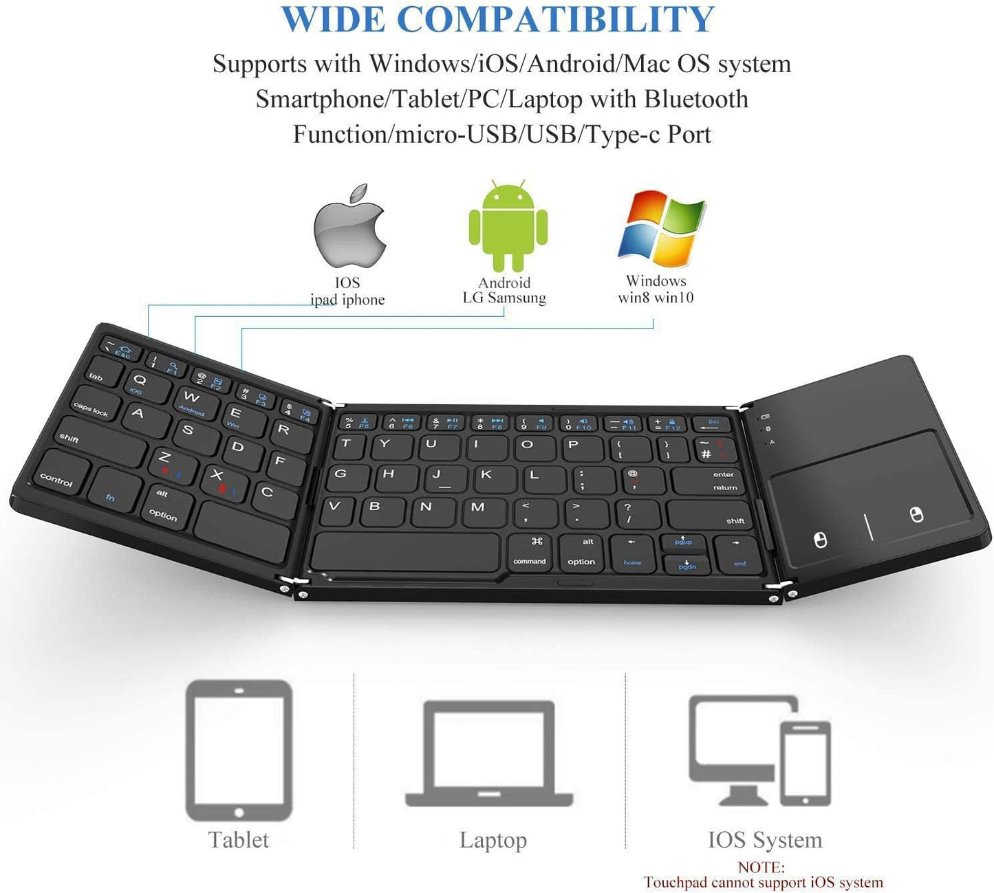 Seenda Foldable Keyboard, Wired & Bluetooth Keyboard with Touchpad, 3 Cables (USB/Micro USB/Type C) Compatible for PC Tablets Phones/Windows iOS Android Systems Black