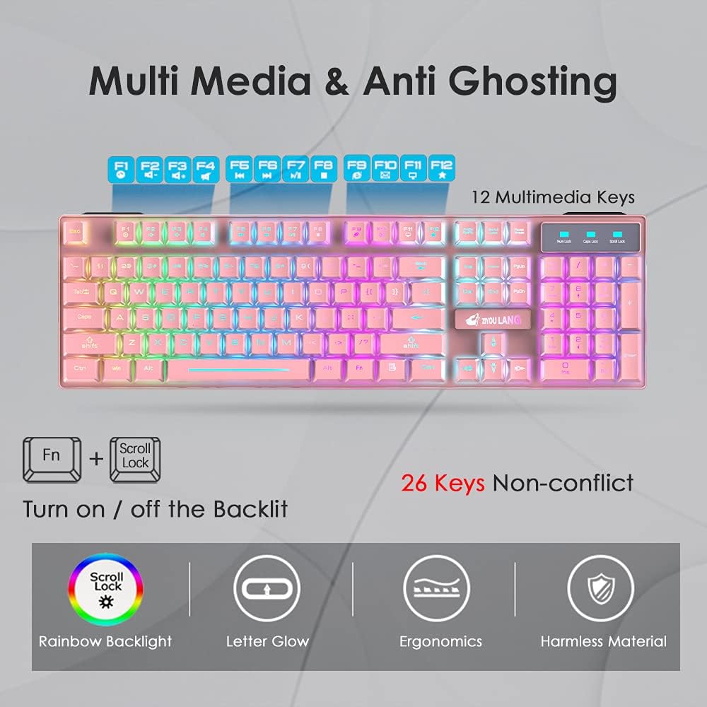 Wireless Keyboard Mouse Combo Rainbow Backlit 2.4G Rechargeable 3000mAh Battery 104 Keys Gaming Keyboard + 2400DPI 6 Buttons Optical Rainbow LED Gaming Wireless Mouse + Mouse Pads for PC Laptop