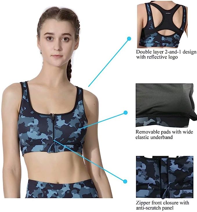 LULUWINGX Women High Impact Front Zip Sports Bra Supportive Wireless Padded Post Surgery Nursing Bra for Yoga Running Training Fitness Everyday Use Blue Grey Camouflage