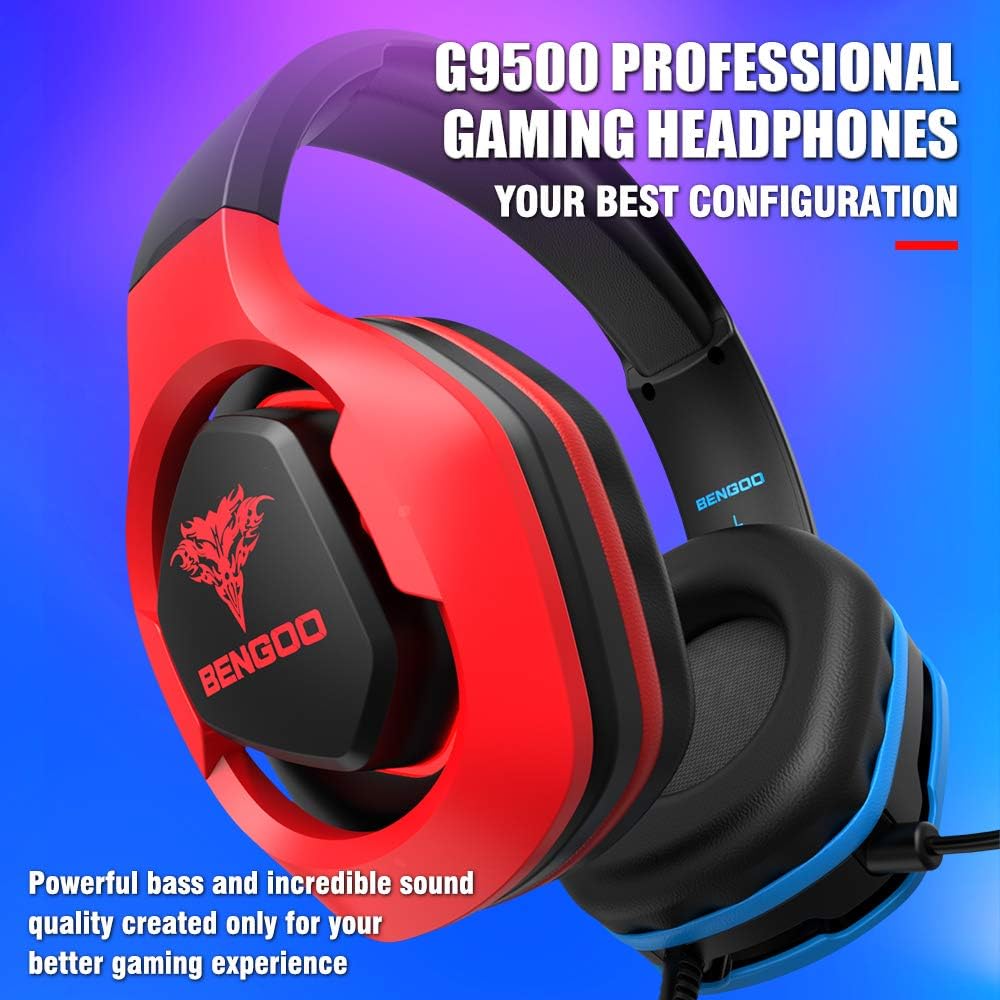 Bengoo G9500 Gaming Headset Headphones for PS4, Xbox One, PC Controller, Over Ear Headphones with 720°Noise Cancelling Mic, Bicolor LED Lights, Adjustable Soft Memory Earmuffs for Mac Nintendo Games