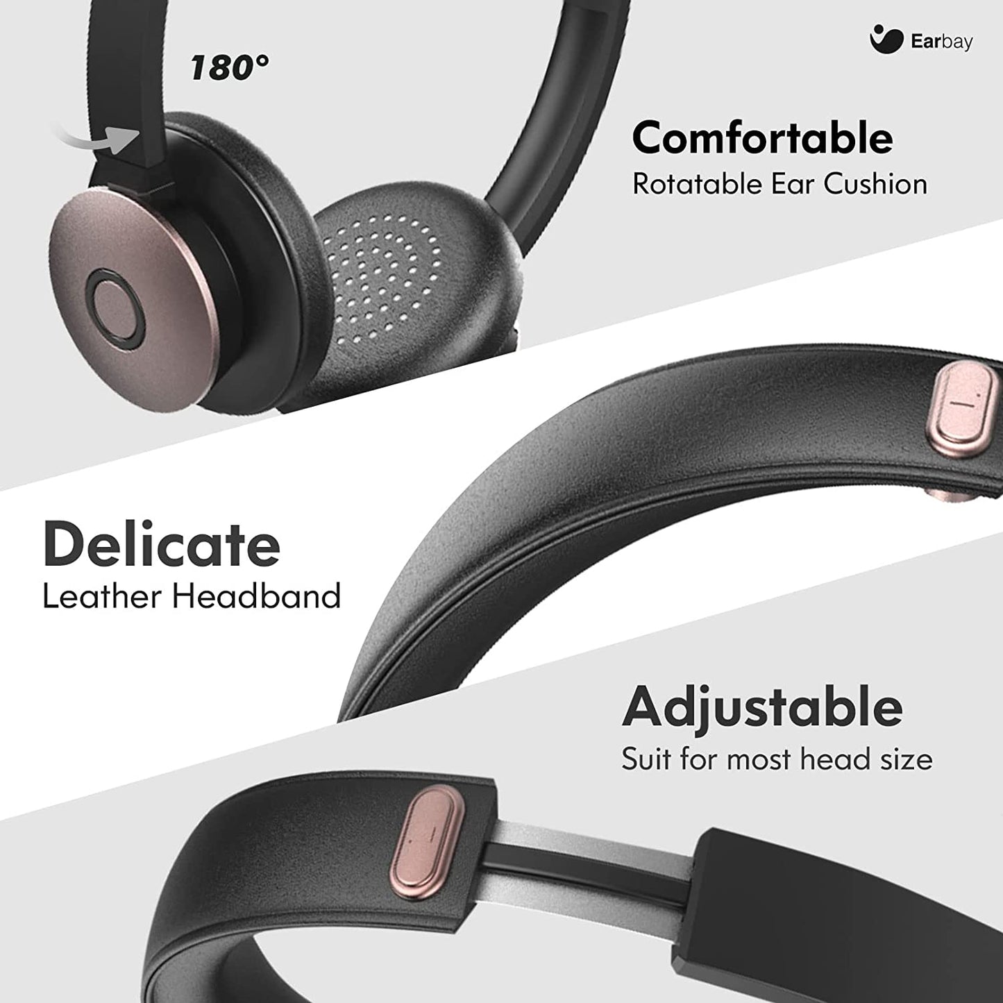 Earbay Bluetooth, Wireless Headphones with Microphone Noise Cancelling, On Ear Headphones with Mic Mute, Handsfree PC Headsets