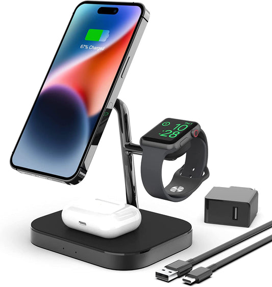 Magnetic Wireless Charger, Boaraino 3 in 1 Wireless Charging Station Compatible with iPhone 14/14 Plus/14 Pro/13/12/11, Apple Watch 7/6/SE/5/4/3, AirPods 2/Pro (18W Adapter Included)