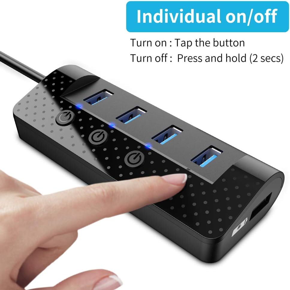 Atolla Powered USB Hub 3.0, USB Hub with 4 USB 3.0 Data Ports and 1 USB Smart Charging Port, USB Splitter with Individual Power Switches and 5V/3A Power Adapter