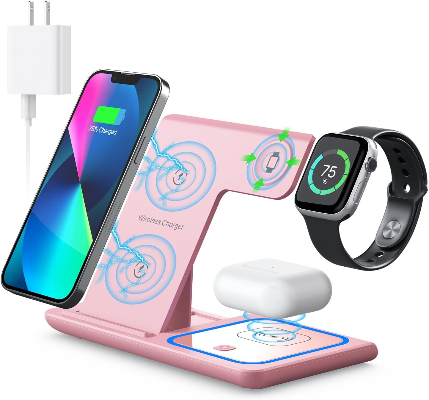 Charging Station for Apple Devices, Apple Watch Charger, iPhone and Watch Charger Stand for iPhone 14/13/12/11/Pro/X/Max/XS/XR/8/Plus, Apple Watch7/6/5/4/3/2/SE, Airpods 3/2/Pro(White) (Pink) (Blue)(Purlple)