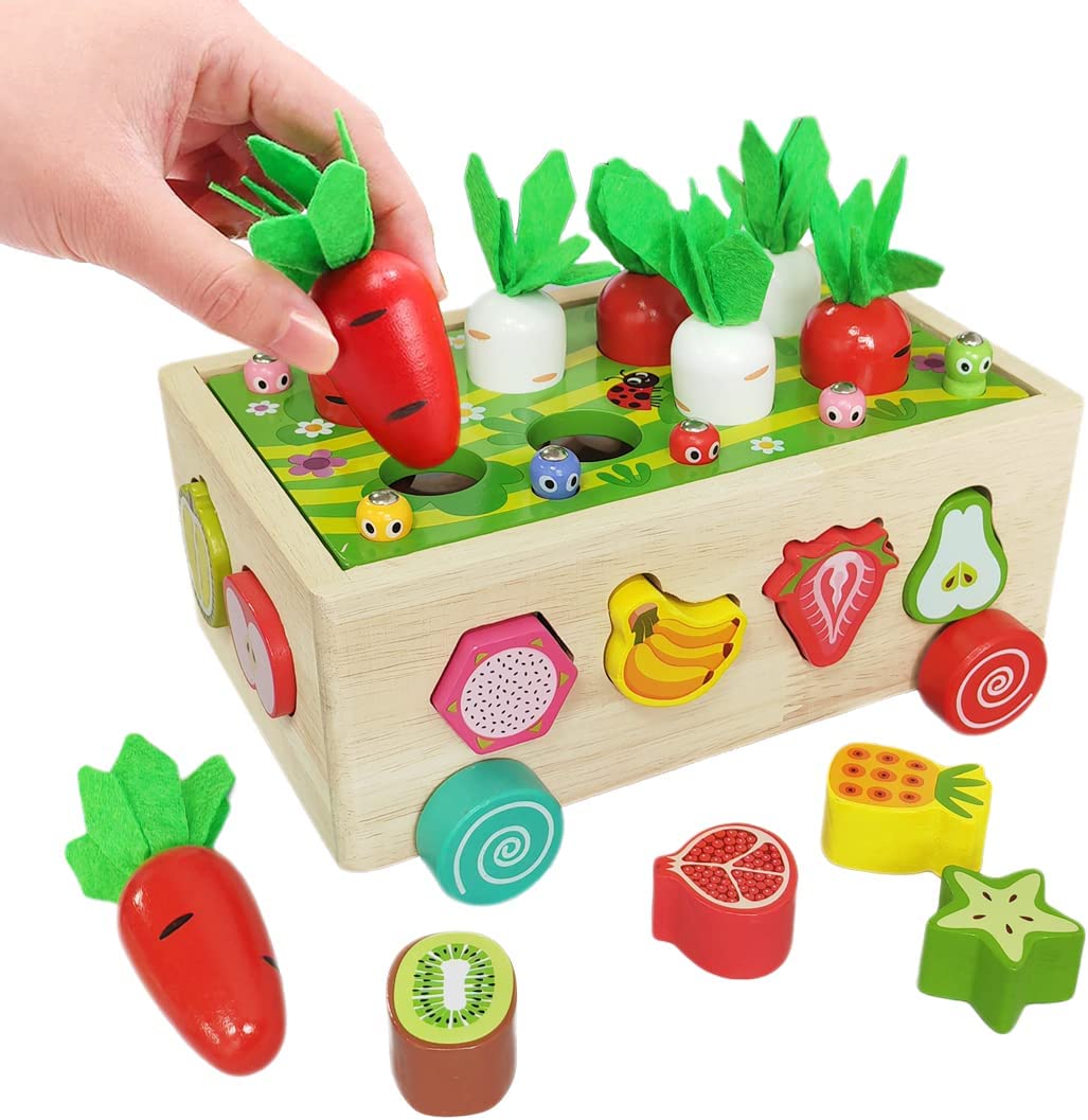 KANCAI Montessori Wooden Carrots Toys for Toddlers Preschool Education Shape Matching Bug Catching Game Multifunctional Game Car for Toddlers Fine Motor Skills