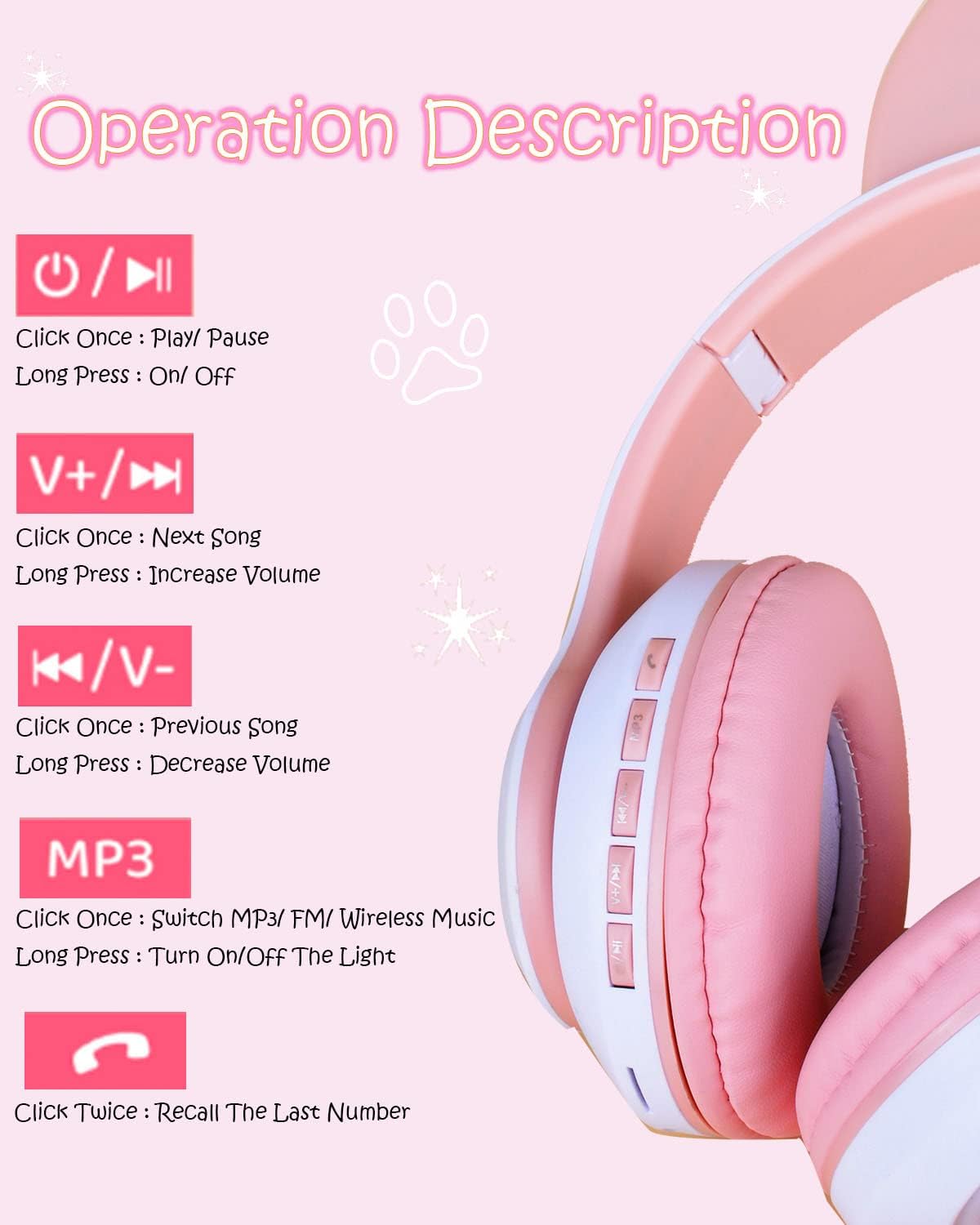 Megadream Wireless Headphones for Kids Cat Ear Foldable Bluetooth Earphones Flashing LED Light Up Over Ear Headset with Microphone for