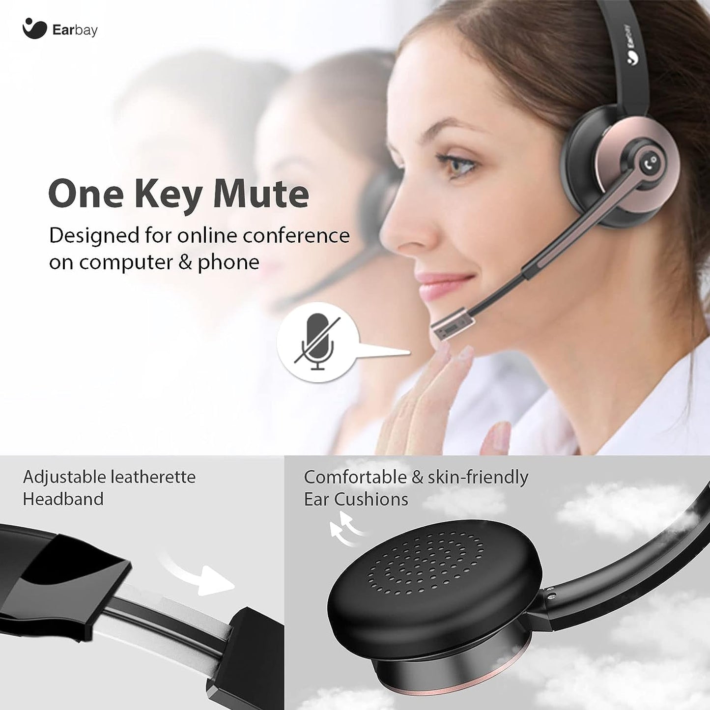 Earbay Wireless headset, Bluetooth Headset with Microphone Noise Cancelling & Charging Dock, PC Headphones with Microphone & USB Dongle