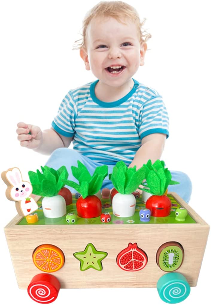 KANCAI Montessori Wooden Carrots Toys for Toddlers Preschool Education Shape Matching Bug Catching Game Multifunctional Game Car for Toddlers Fine Motor Skills