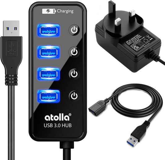 Atolla 4 ports USB 3.0 Hub SuperSpeed Data Transmission with On Off Switch + 1 Charging Port with 15W(5V/3A) Powered Supply Adapter and 1M USB 3 Extension Cable