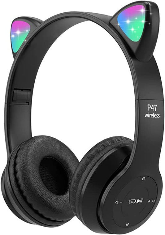 Megadream Kids Wireless Headphones, Bluetooth Over Ear Headphones with Microphone, Cat Ear LED Light Child Headset TF Card/Wired Foldable Earphones for Girls Boys Gift Age 7+(Black)