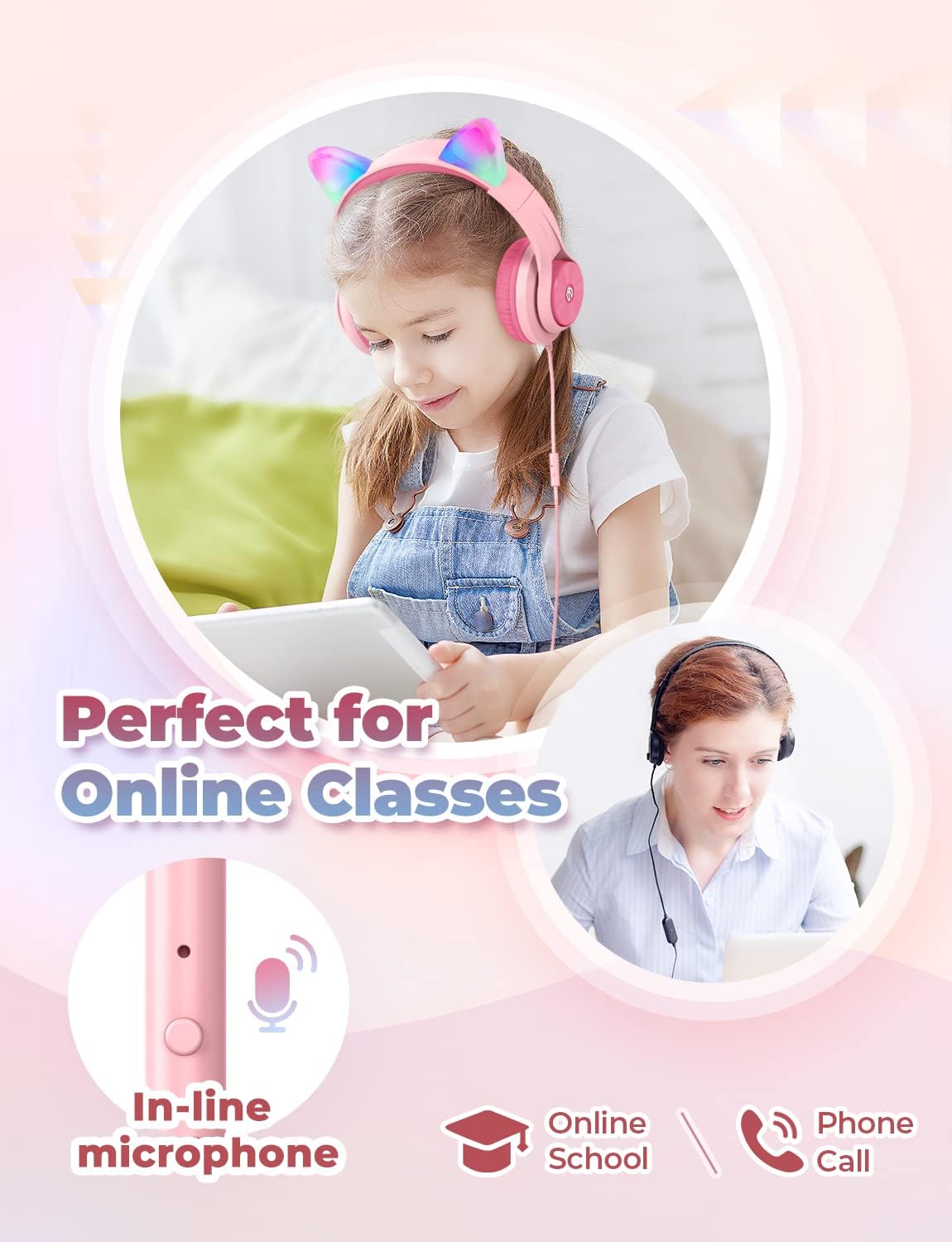 iClever Kids Headphones with Microphone, Cat Ear Led Light Up, HS20 Wired Headphones Share port 94dB Volume Limited, Foldable