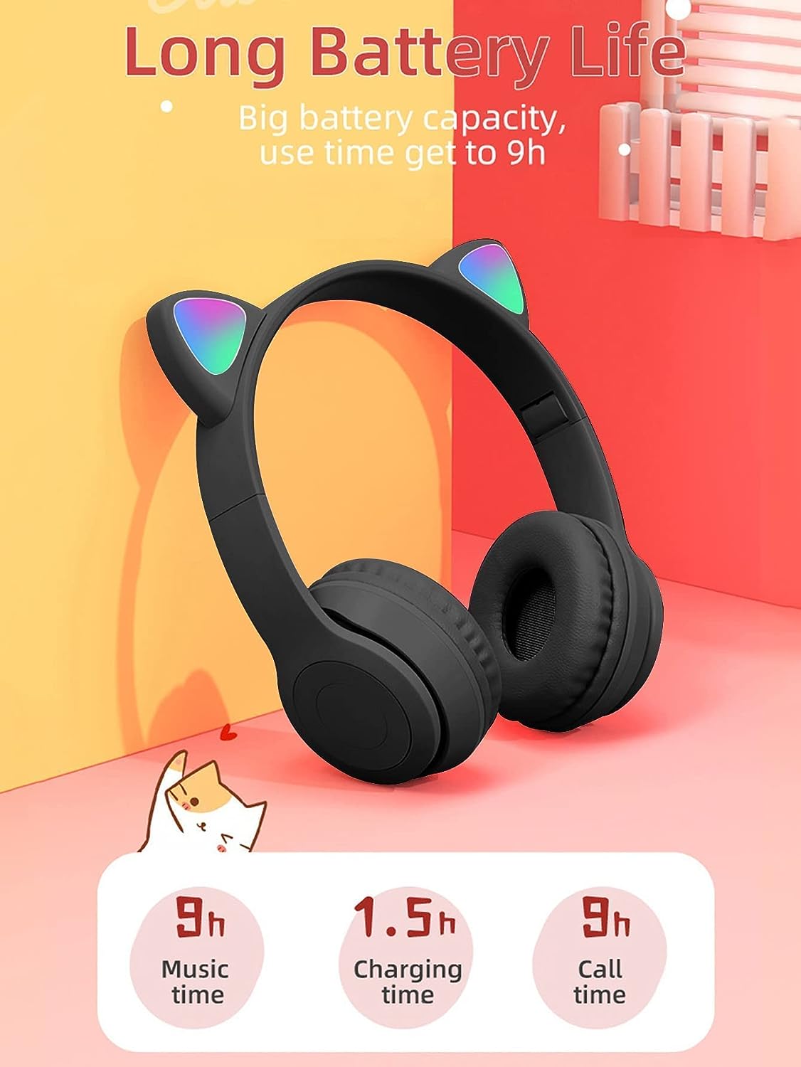 Megadream Kids Wireless Headphones, Bluetooth Over Ear Headphones with Microphone, Cat Ear LED Light Child Headset TF Card/Wired Foldable Earphones for Girls Boys Gift Age 7+(Black)