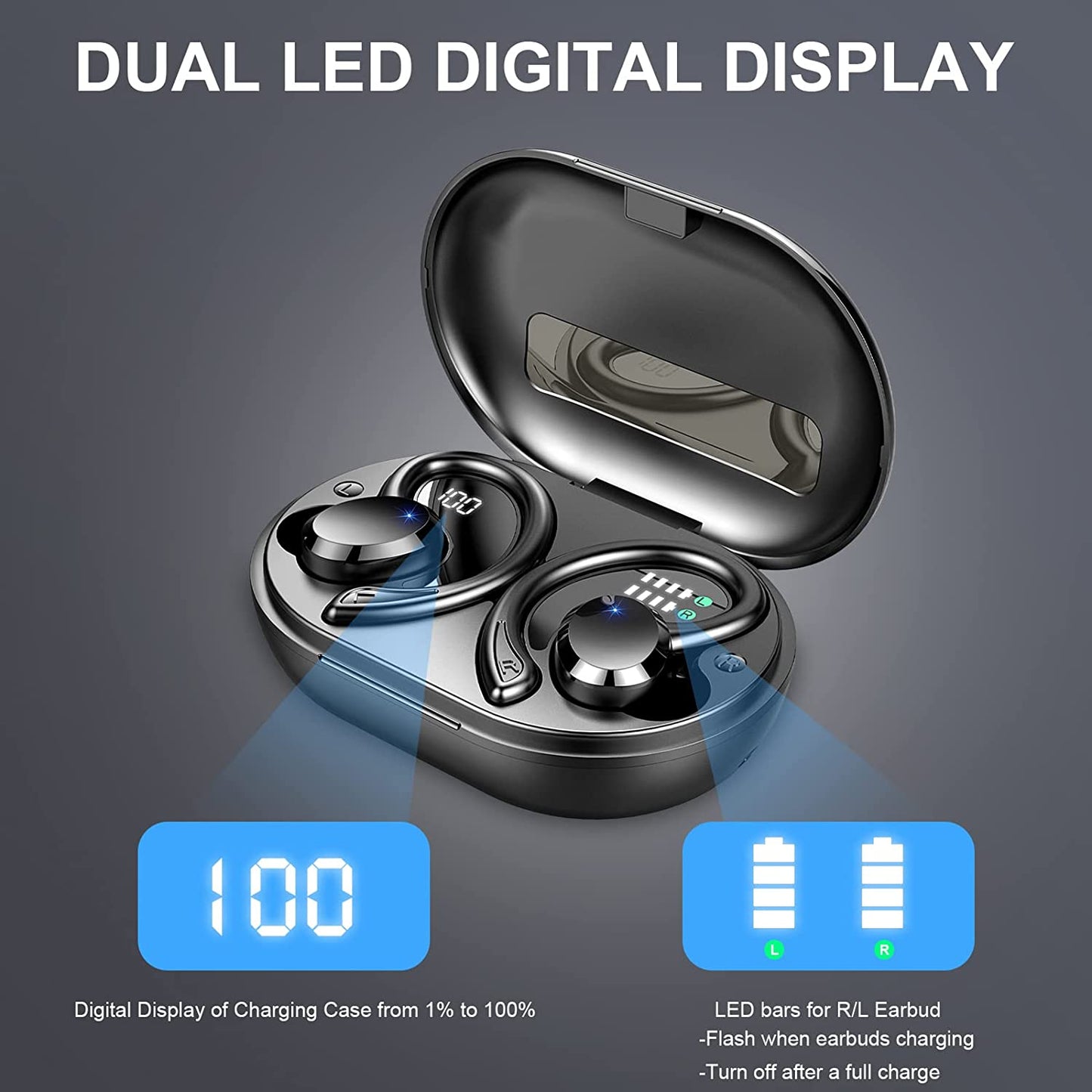 Dascert Wireless Earbud Bluetooth 5.3 Running Headphones with Mic Dual LED Display, 48H Wireless Headphones Stereo Sound Noise Cancelling Earbud, IP7 Waterproof Sports Wireless Earphones