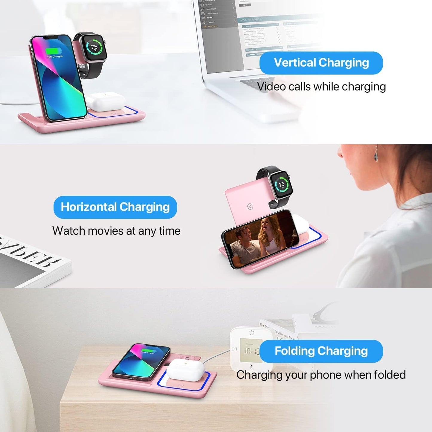 Charging Station for Apple Devices, Apple Watch Charger, iPhone and Watch Charger Stand for iPhone 14/13/12/11/Pro/X/Max/XS/XR/8/Plus, Apple Watch7/6/5/4/3/2/SE, Airpods 3/2/Pro(White) (Pink) (Blue)(Purlple)