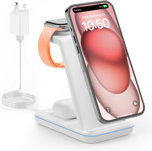 GEEKERA Wireless Charger Stand, 3 in 1 Wireless Charging Station for iPhone 15/14/13/12/11/Pro/Pro Max/XS/XR/X/8, Fast Charging Stand for Apple Watch 2-Ultra, Docking Station for AirPod Pro/3/2 White &amp; Black