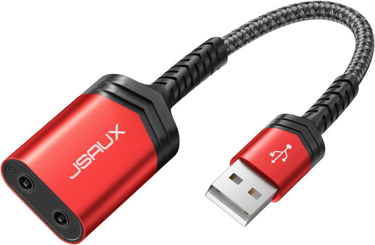 JSAUX USB Sound Card, USB to 3.5mm Jack Audio Adapter External Stereo USB Audio Adapter with 3.5mm TRS Headphone and Microphone Jack Compatible with Windows, MAC, PC, Laptop, Desktops, PS5, PS4 -RED