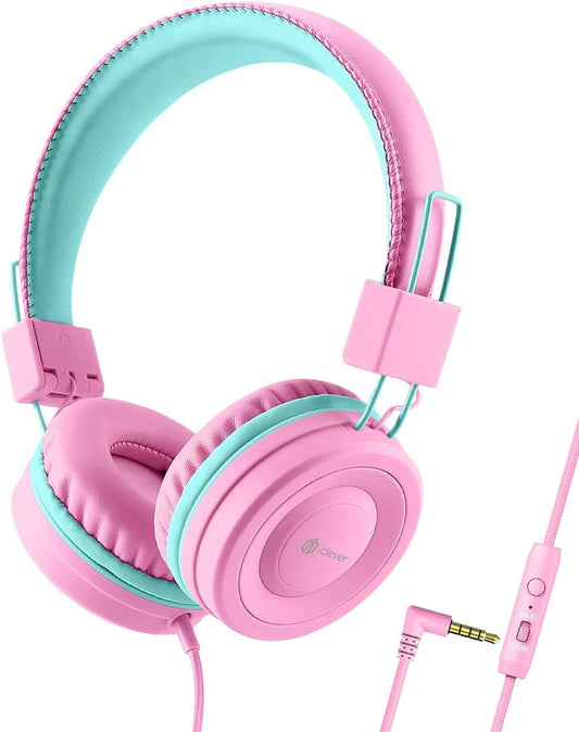 iclever Kids Headphones for Girls, Wired Headphones for Kids, Adjustable Headband, Foldable, 85/94dB Volume Control, Childrens Headphones on Ear for School/Travel HS14 Pink or Black