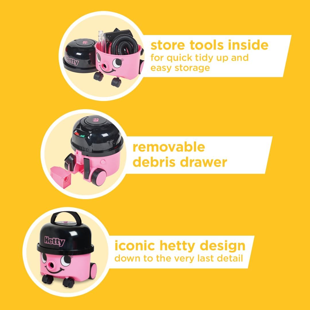 Casdon Henry & Hetty Toys - Hetty Vacuum Cleaner - Pink Vacuum Cleaner Toy with Real Function &amp; Nozzle Accessories - Kids Cleaning Set - For Children Aged 3+ Pink or Classic Red