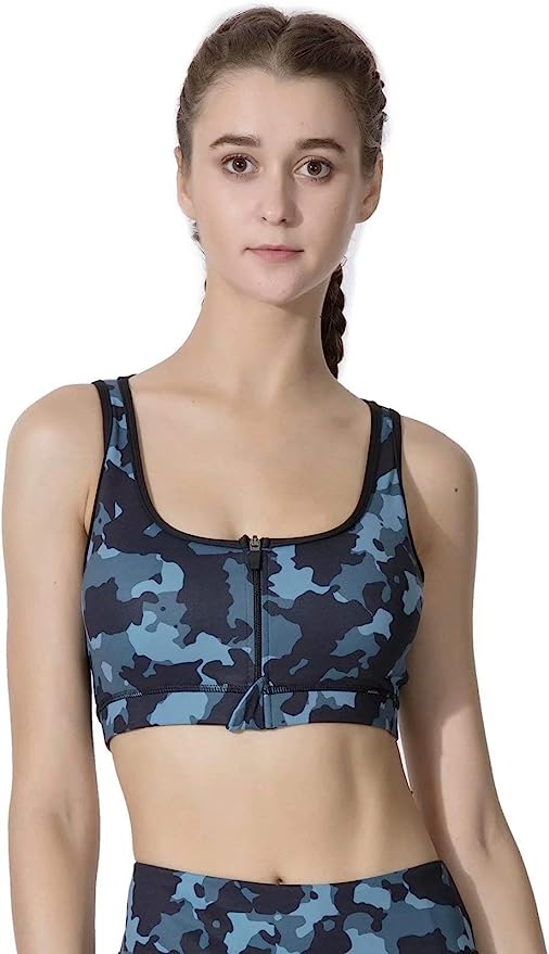 LULUWINGX Women High Impact Front Zip Sports Bra Supportive Wireless Padded Post Surgery Nursing Bra for Yoga Running Training Fitness Everyday Use Blue Grey Camouflage