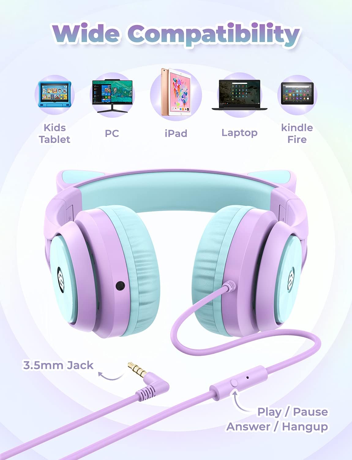 iClever Kids Headphones with Microphone, Cat Ear Led Light Up, HS20 Wired Headphones Share port 94dB Volume Limited, Foldable