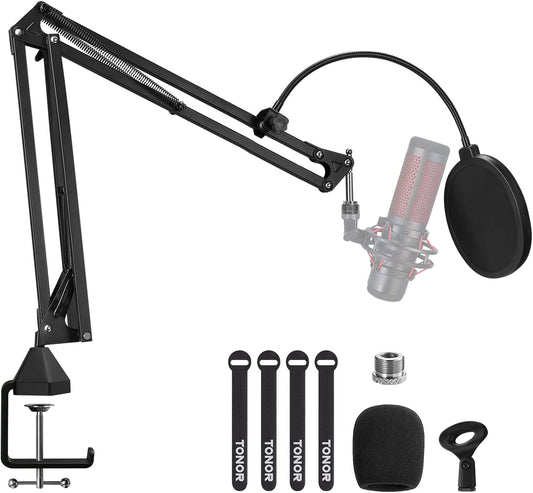 Microphone Arm Stand, TONOR Adjustable Suspension Boom Scissor Mic Stand with Pop Filter, 3/8" to 5/8" Adapter, Mic Clip, Upgraded Heavy Duty Clamp for Blue Yeti Nano Snowball Ice and Other Mics(T20)