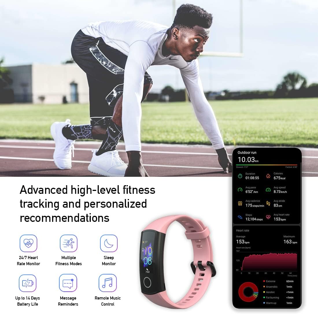 HONOR Band 5 Smart Wristband/Fitness Tracker with Heartrate Monitor, Blood Oxygen Sensor, Calorie Tracker, Sleep Tracking and Full Colour Touch Screen – Water Resistant up to 50m – Coral Pink