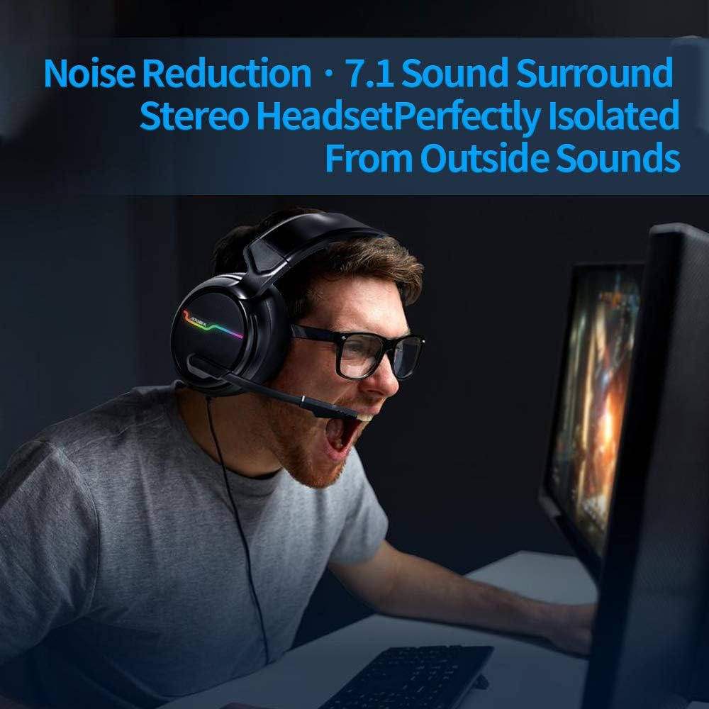 XIBERIA-V20 USB PS4 Headset for Host Connection, 7.1 Surround Sound PC Gaming Headset with 1.95 Meter Cable and Noise Cancelling Mic Headphones for Laptops, Computer, Mac and MacBook with RGB Light