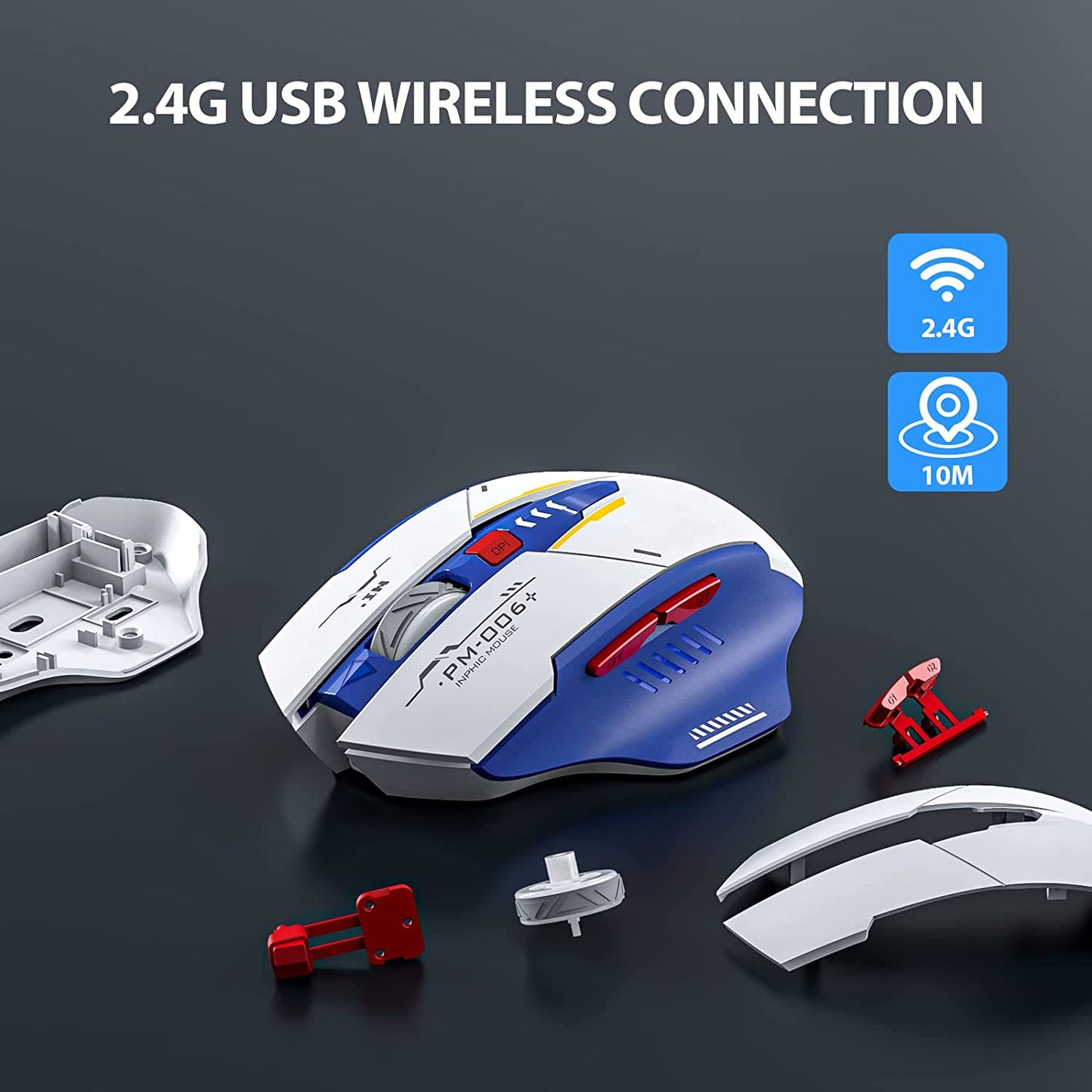 INPHIC Wireless Mouse, Rechargeable Ergonomic Silent Mice with 2.4G USB Receiver Mecha Style Mouse wireless for Laptop Computer Mac MacBook, Blue & White