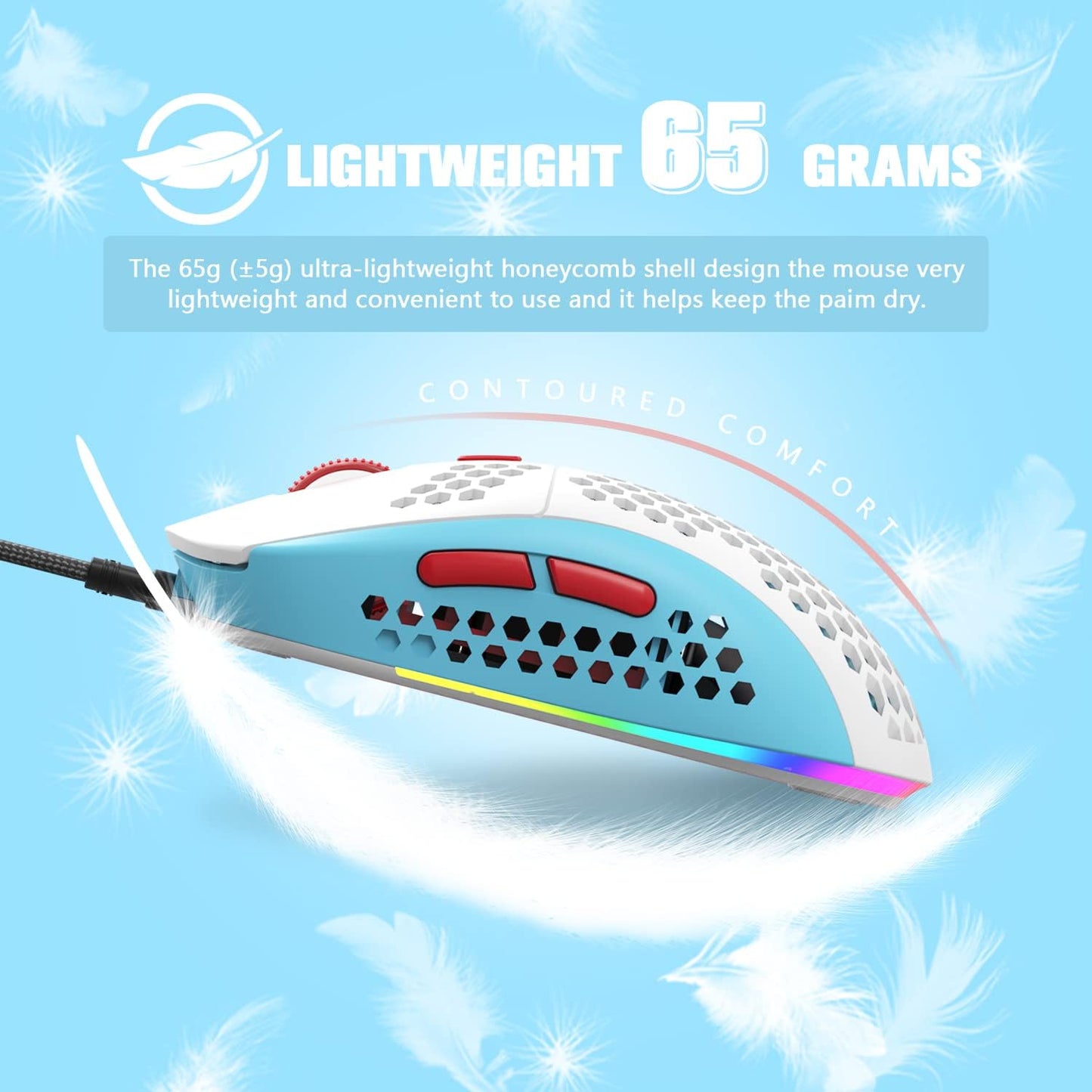 KUIYN 383 PRO M8 Ultralight Wired Gaming Mouse, Lightweight Honeycomb Shell, 6 RGB Breathing Backlit Mice, 6 Adjustable DPI 6400, USB Optical Model Aerox Mice