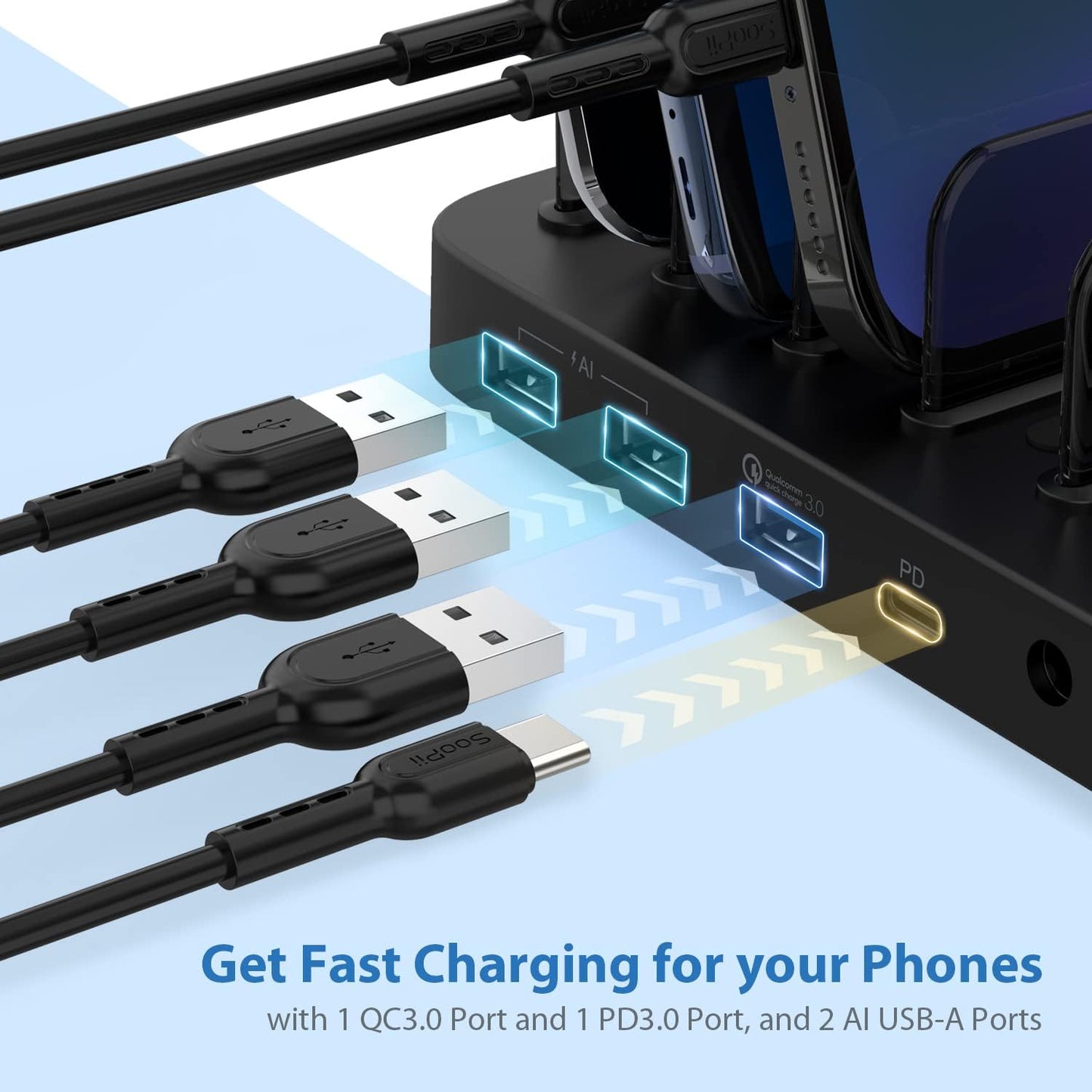 SooPii Charging Station for Multiple Devices,7 in 1 Charging Dock with PD & QC3.0 Fast Charging Port, USB Charger Station Compatible with iPhone/Tablets/Air-Pods/iWatch,5 Short Cables Included (Black)