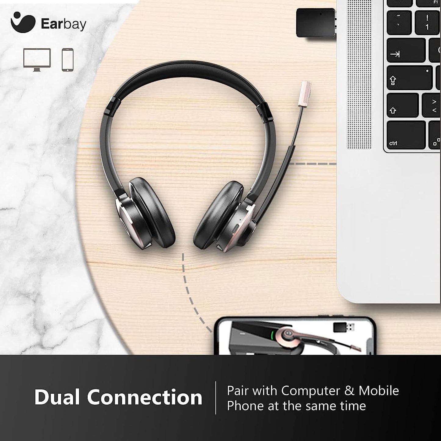 Earbay Wireless headset, Bluetooth Headset with Microphone Noise Cancelling & Charging Dock, PC Headphones with Microphone & USB Dongle