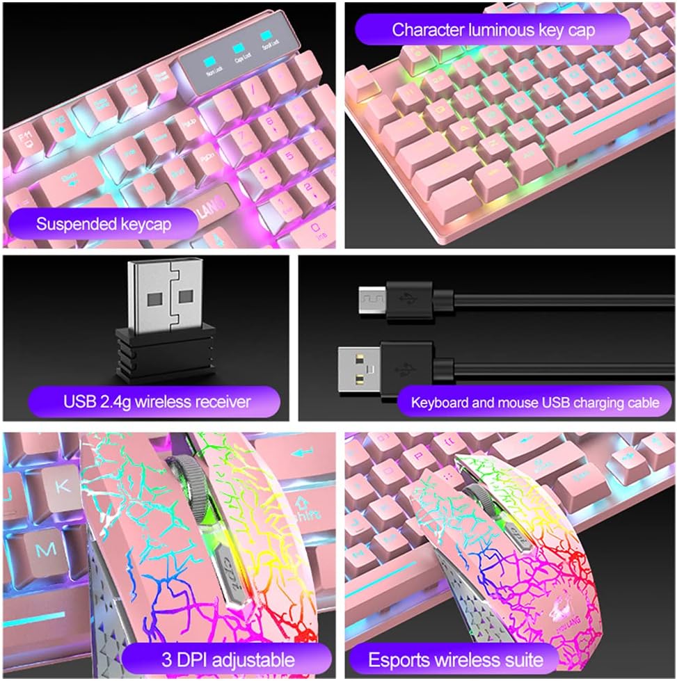 Wireless Keyboard Mouse Combo Rainbow Backlit 2.4G Rechargeable 3000mAh Battery 104 Keys Gaming Keyboard + 2400DPI 6 Buttons Optical Rainbow LED Gaming Wireless Mouse + Mouse Pads for PC Laptop