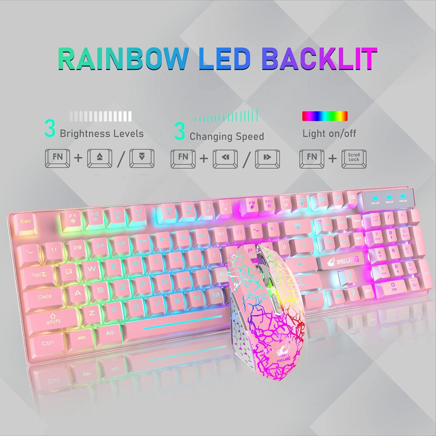 Wireless Keyboard Mouse Combo Rainbow Backlit 2.4G Rechargeable 3000mAh Battery 104 Keys Gaming Keyboard + 2400DPI 6 Buttons Optical Rainbow LED Gaming Wireless Mouse + Mouse Pads for PC Laptop