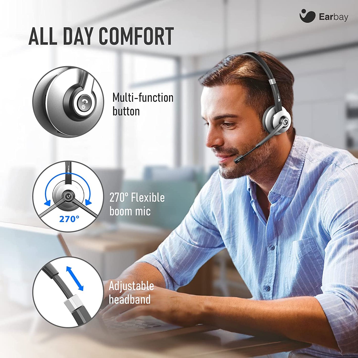 Earbay Bluetooth, Wireless Headphones with Microphone Noise Cancelling, On Ear Headphones with Mic Mute, Handsfree PC Headsets