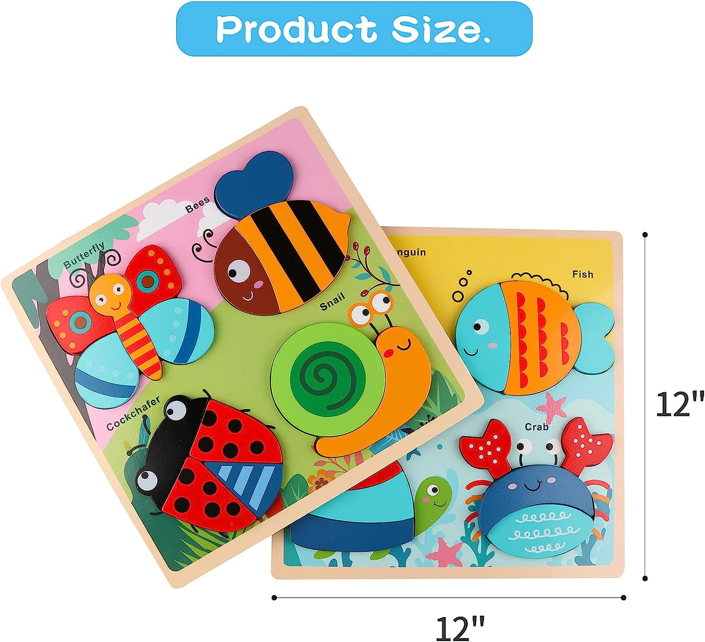 Jacootoys Wooden Toys Animal Puzzles Chunky Ocean Animal Jigsaws for Toddlers 1 2 3 Year Old Boys Girls Kids Preschool Early Educational Learning Toy Gift