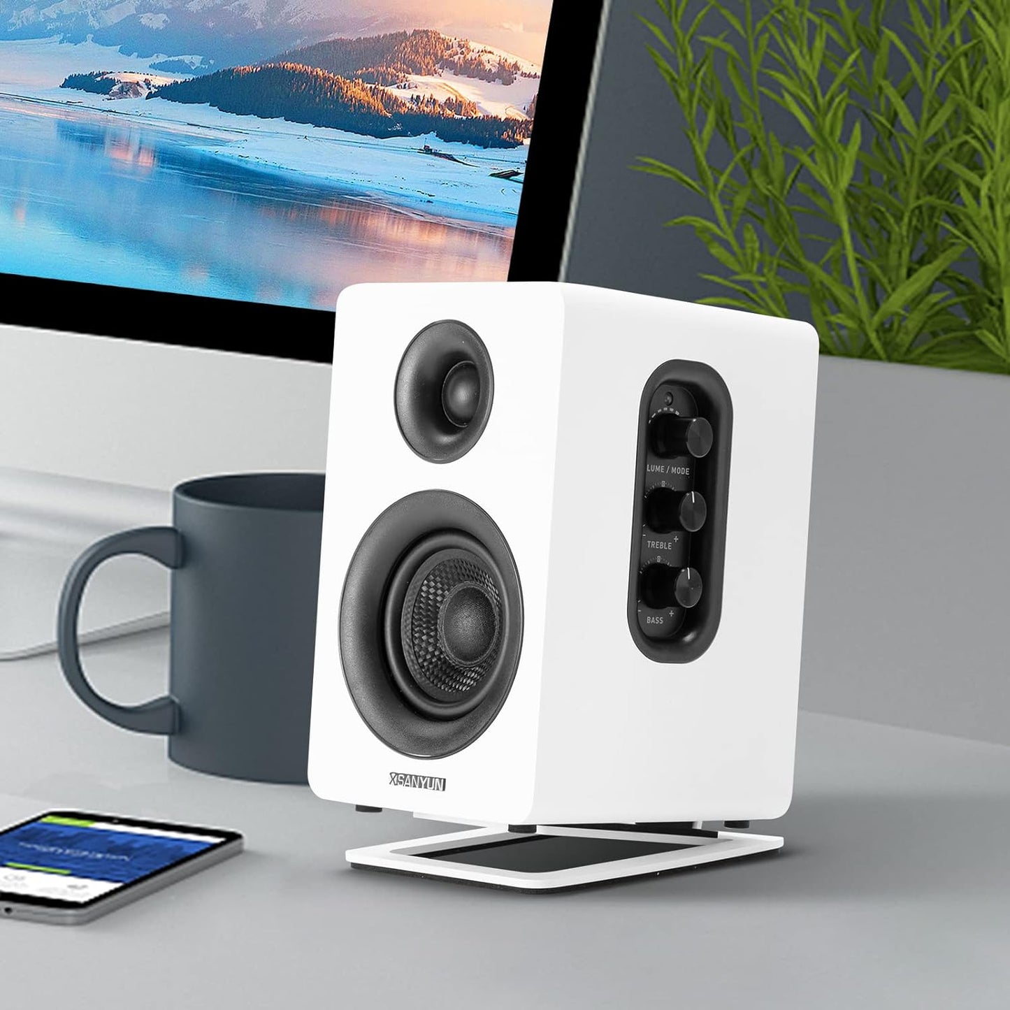 Sanyun SW601 Metal Desktop Speakers Stands for Compact 2''-3'' Speakers, Tilted Steel Damping Foam Padding for Computer PC Tabletop Monitor Speakers, Recommended for SW208, White (Pair)