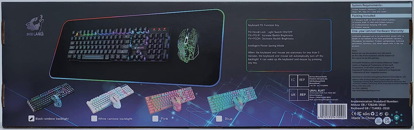 Wireless Keyboard Mouse Combo Rainbow Backlit 2.4G Rechargeable 3000mAh Battery 104 Keys Gaming Keyboard + 2400DPI 6 Buttons Optical Rainbow LED Gaming Wireless Mouse + Mouse Pads for PC Laptop