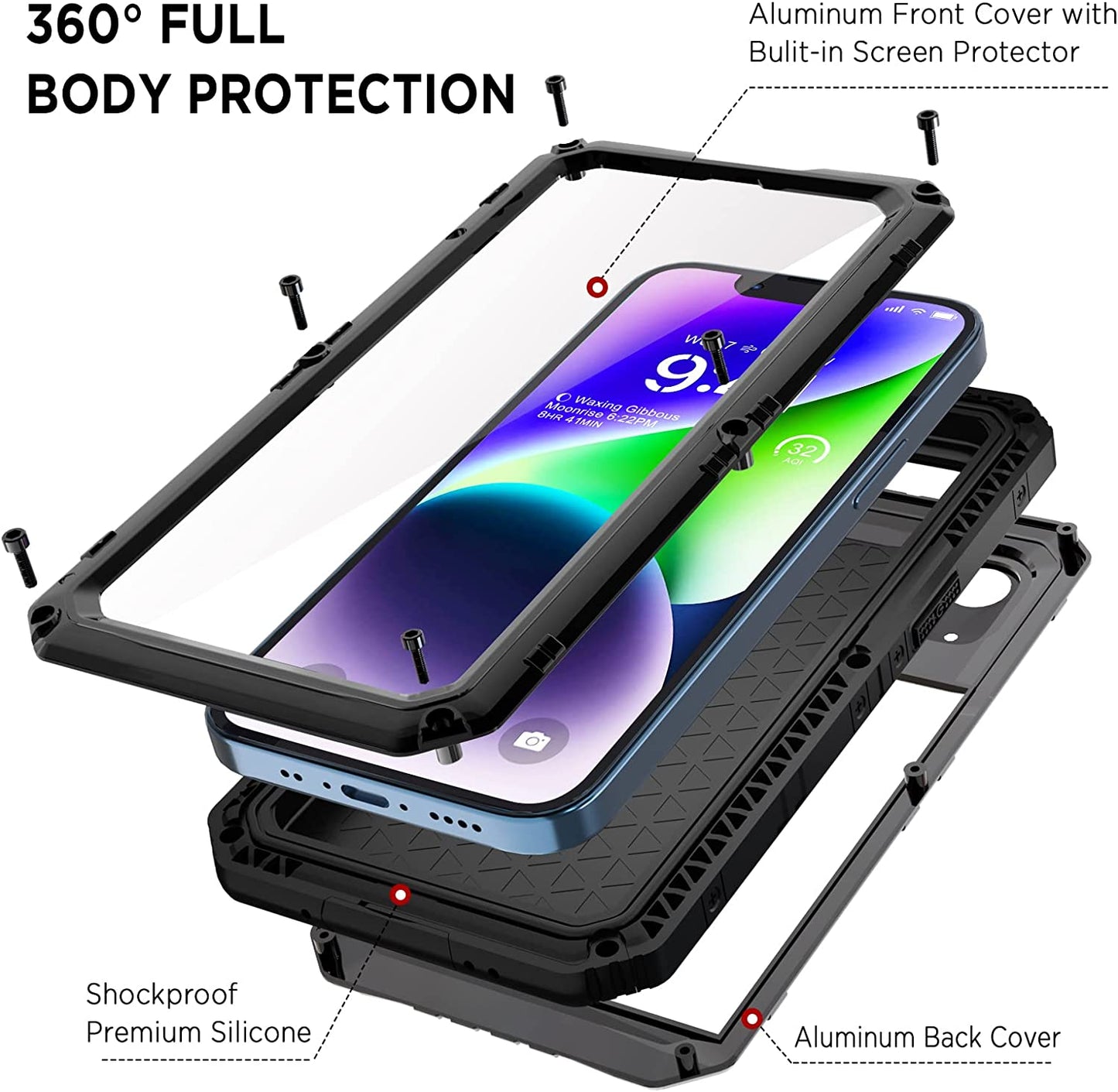 Beeasy for iPhone 14 Case Waterproof Heavy Duty Shockproof Tough Metal Armour Cover Dustproof Built-in Screen Protector, Robust 360 Full Body Military Protective Rugged Case for iPhone 14 6.1inch