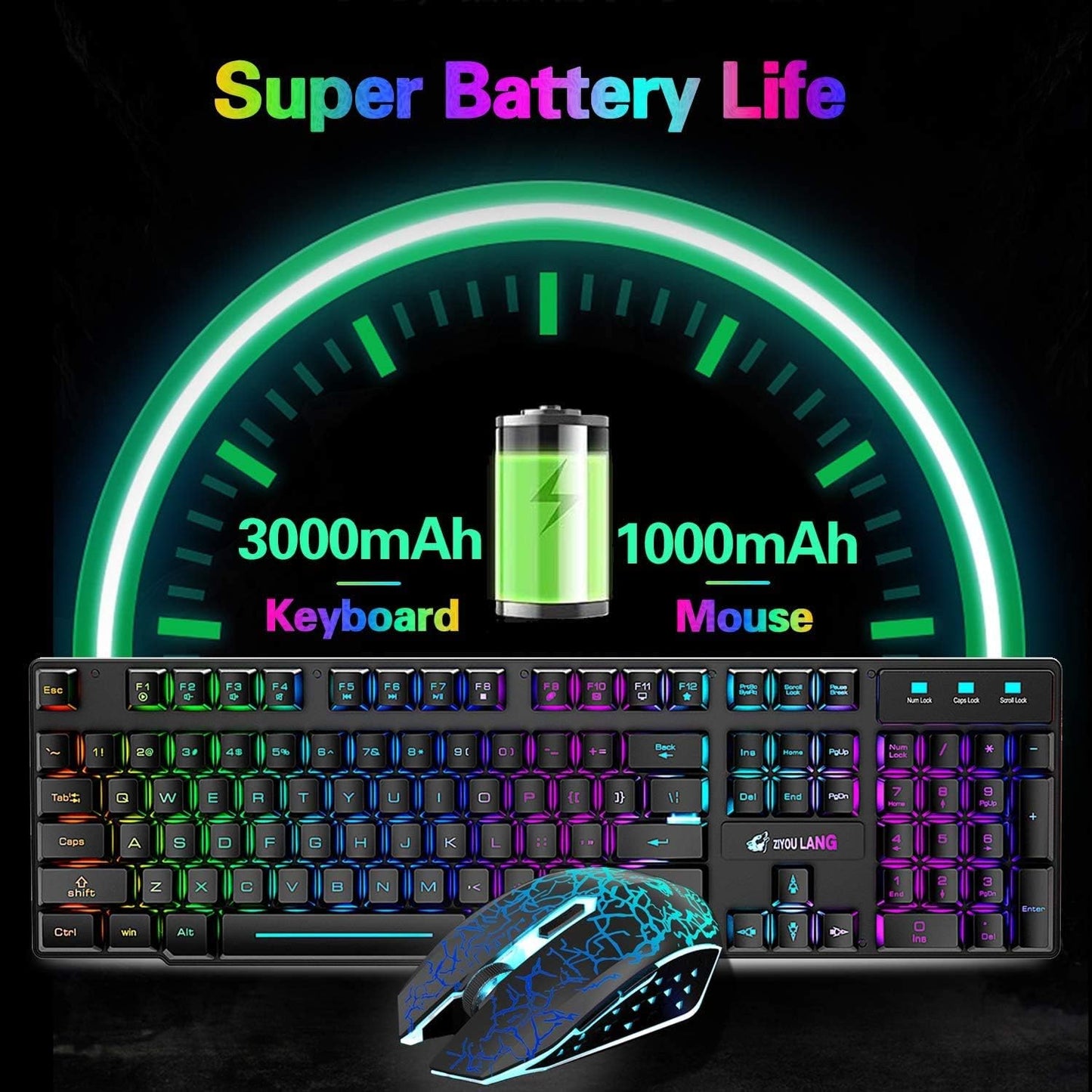 Wireless Keyboard Mouse Combo Rainbow Backlit 2.4G Rechargeable 3000mAh Battery 104 Keys Gaming Keyboard + 2400DPI 6 Buttons Optical Rainbow LED Gaming Wireless Mouse + Mouse Pads for PC Laptop