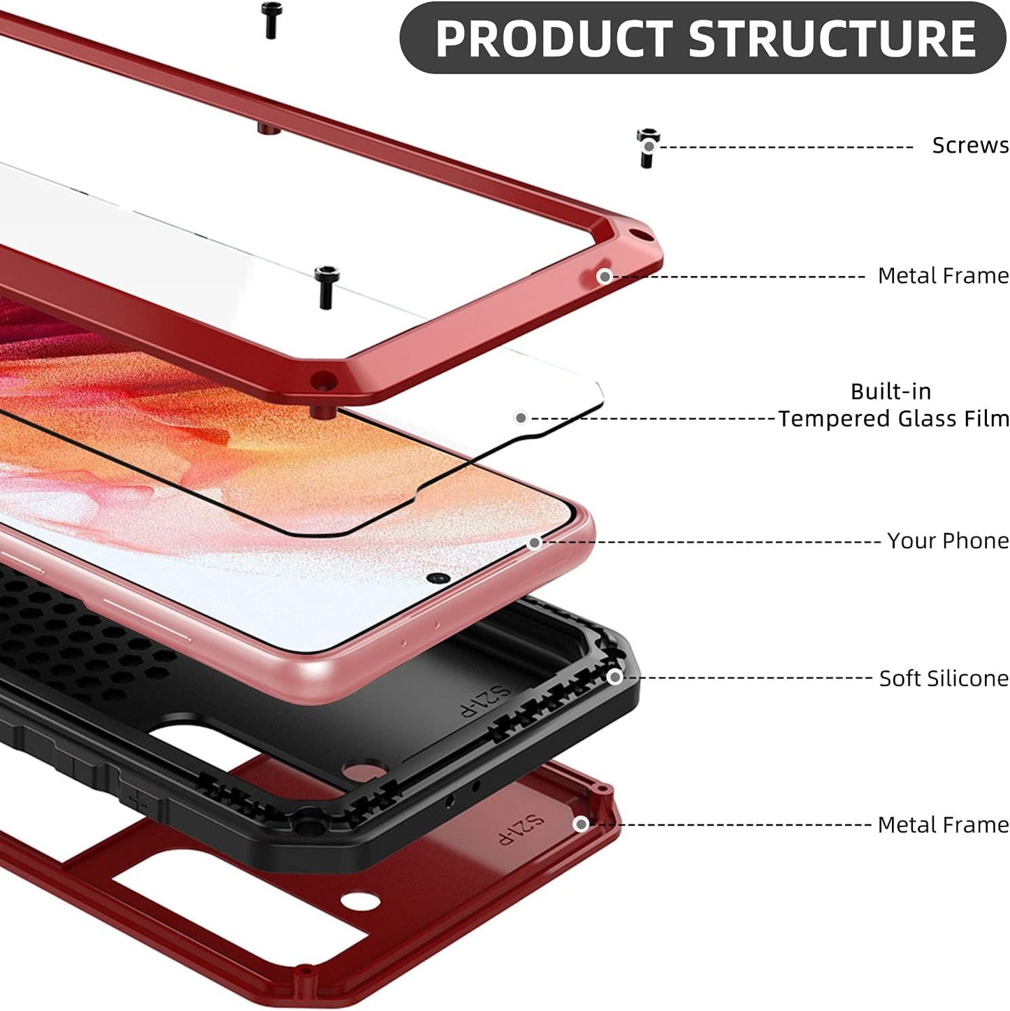 Beeasy Cover Compatible with Samsung S21 Case, Galaxy S21 Case with Built-in Tempered Glass Screen Protector, Shockproof Metal Protective Case, Heavy Duty Tough Case for Samsung Galaxy S21 5G, Red