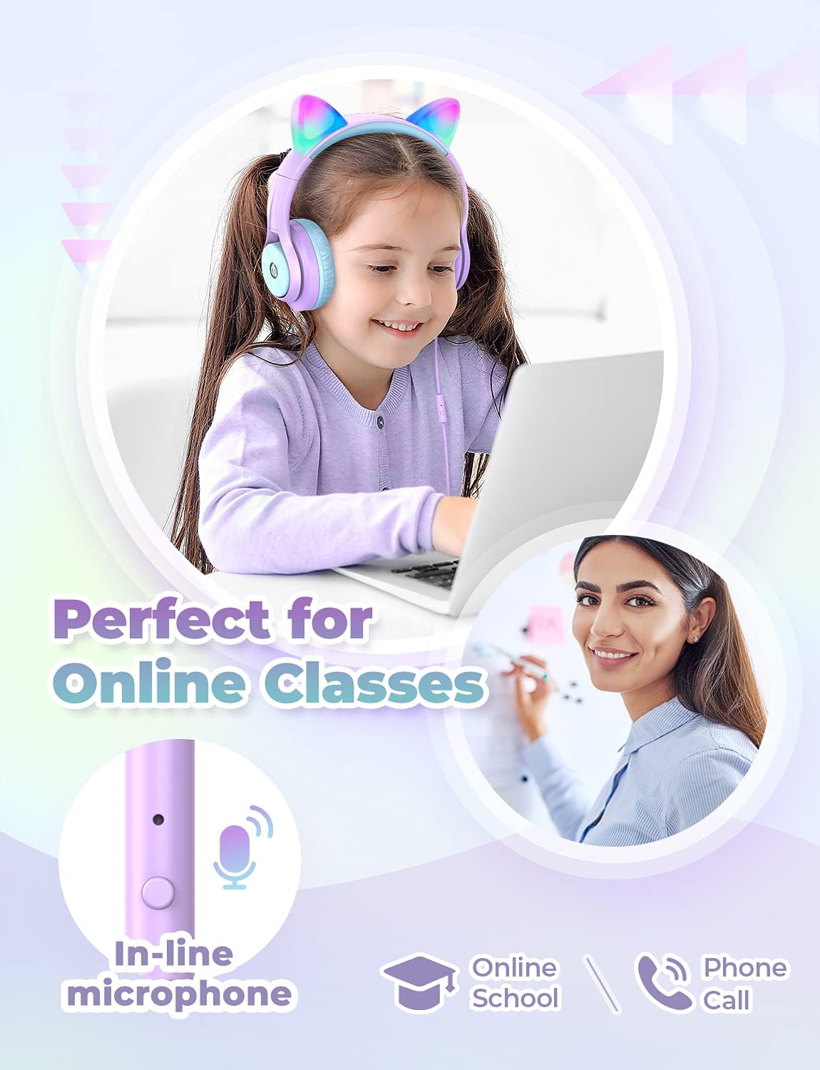 iClever Kids Headphones with Microphone, Cat Ear Led Light Up, HS20 Wired Headphones Share port 94dB Volume Limited, Foldable