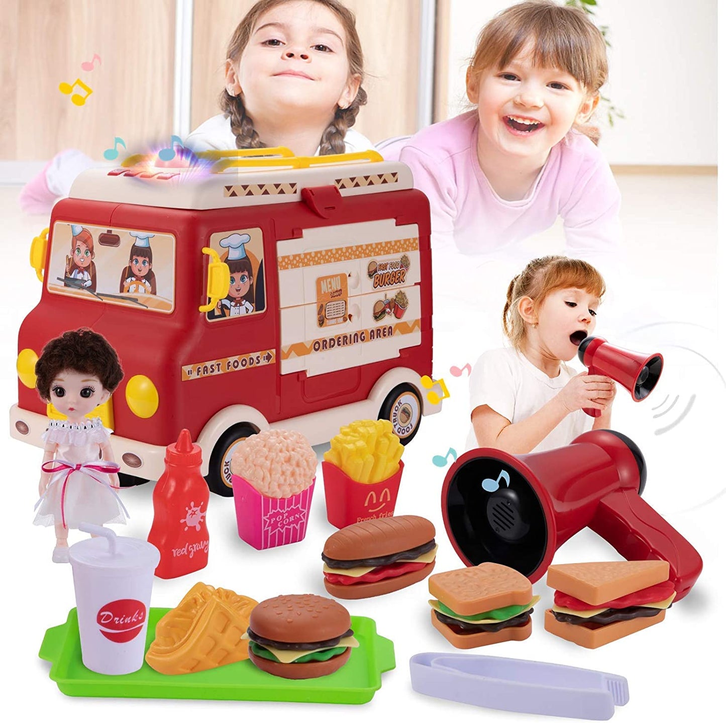 Tovol Zerky Food Truck Toy for Kids, Food and Doll Pretend Play Toy with Musical Voice Changer Megaphone, Street Food Playset with Sound and Light Vehicle for Kid Girl Boy 3,4,5,6 Years Old