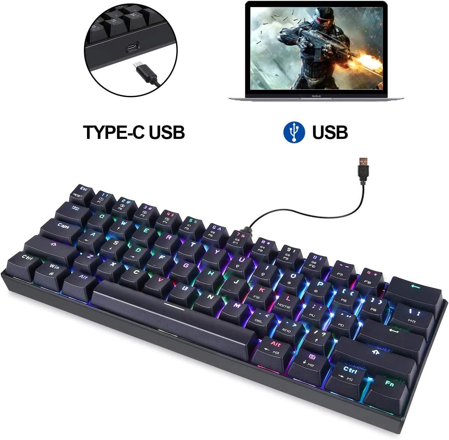 MOTOSPEED KOORUI 60% Mechanical Keyboard Portable GK61 Keys RGB LED Backlit Type-C USB Wired Office/Gaming Keyboard for Mac, Android, Windows Red Switch）