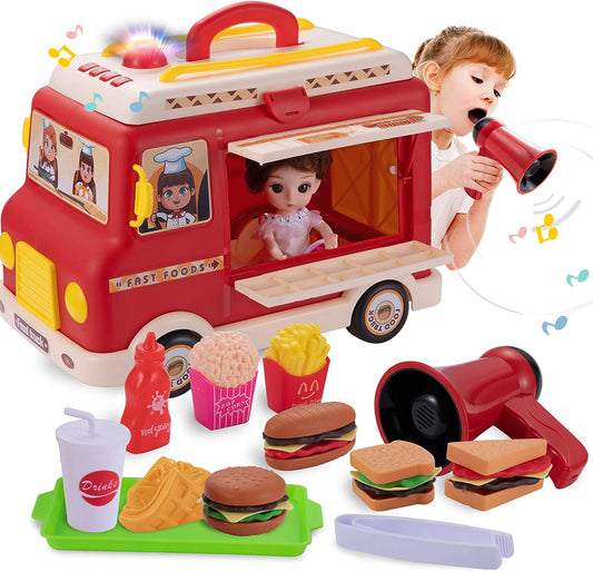 Tovol Zerky Food Truck Toy for Kids, Food and Doll Pretend Play Toy with Musical Voice Changer Megaphone, Street Food Playset with Sound and Light Vehicle for Kid Girl Boy 3,4,5,6 Years Old