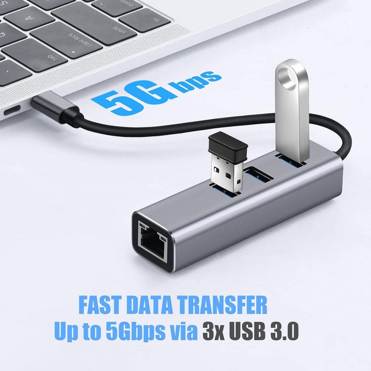 USB C to Ethernet Adapter 3 Port USB 3.0 Hub with RJ45 10/100/1000 Gigabit Ethernet 4in1 Compatible for MacBook Pro 2021/2020/2019/2018/2017, MacBook Air, Dell XPS and More