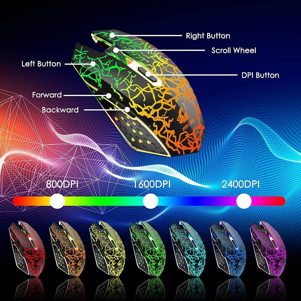 Wireless Keyboard Mouse Combo Rainbow Backlit 2.4G Rechargeable 3000mAh Battery 104 Keys Gaming Keyboard + 2400DPI 6 Buttons Optical Rainbow LED Gaming Wireless Mouse + Mouse Pads for PC Laptop