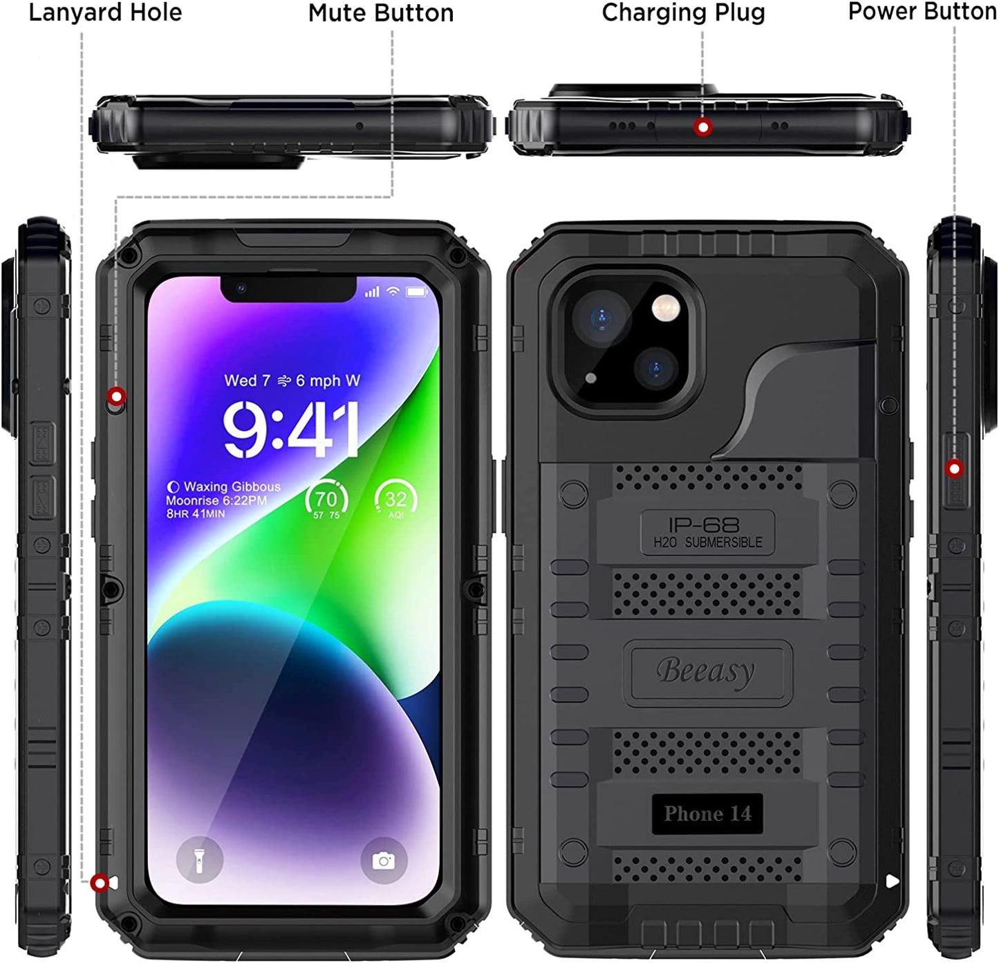 Beeasy for iPhone 14 Case Waterproof Heavy Duty Shockproof Tough Metal Armour Cover Dustproof Built-in Screen Protector, Robust 360 Full Body Military Protective Rugged Case for iPhone 14 6.1inch